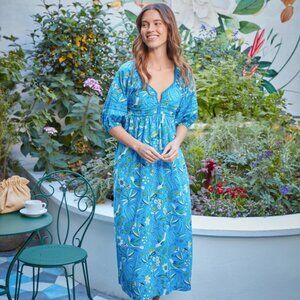 PRINTFRESH Painters Garden Cobalt Blue 100% Cotton Jasmine Midi Dress M $228 NWT